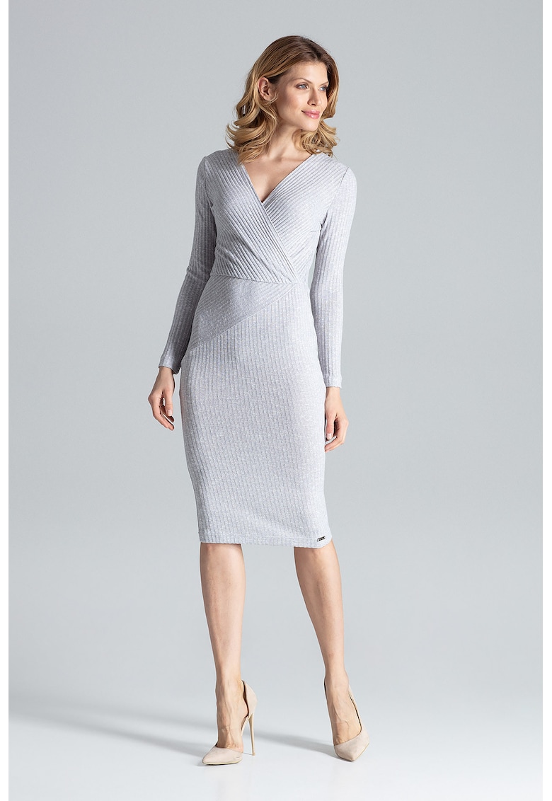 Rochie midi gri - maneci lungi - 65% viscoza - 30% poliester - 5% elastan