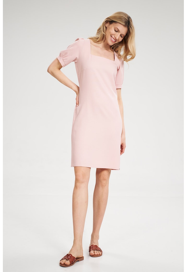 Rochie mini - roz - decolteu patrat - maneci scurte - poliester