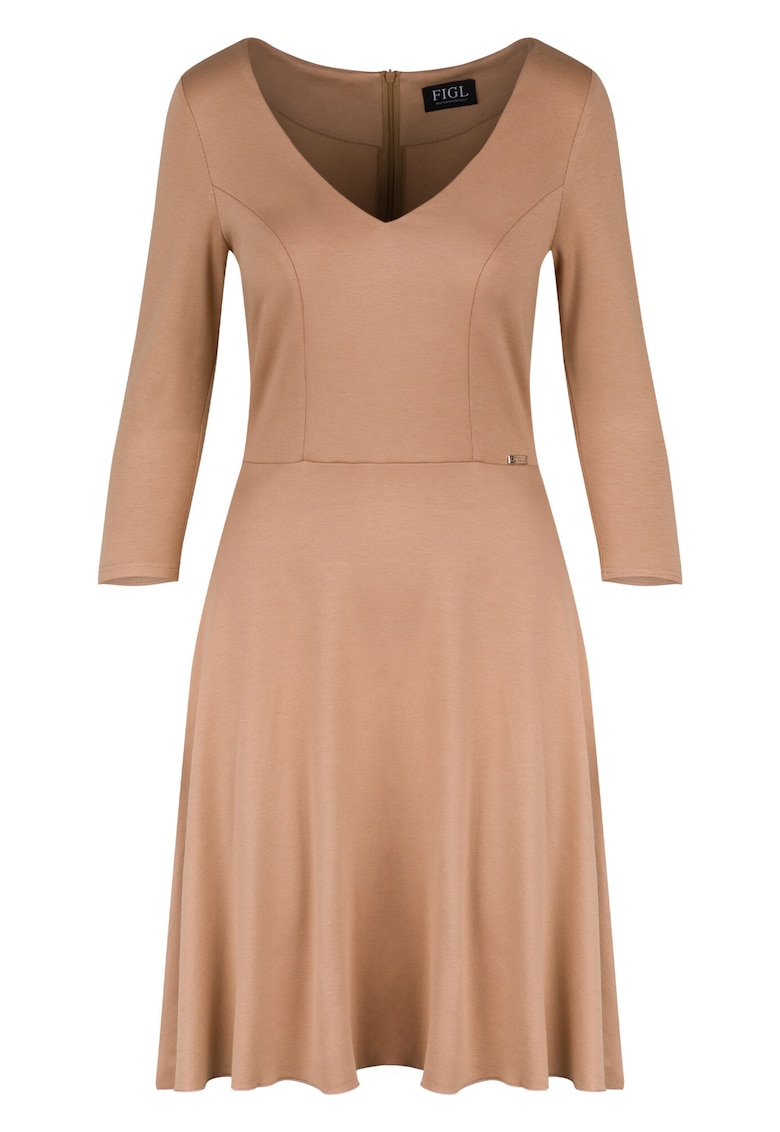 Rochie eleganta - bej - decolteu in V - maneci 3/4 - viscoza