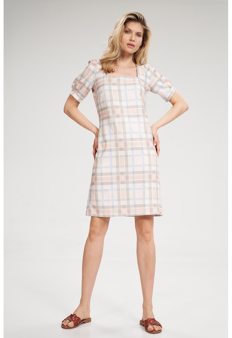 Rochie de vara M704 - ecru cu accente multicolore - poliester - decolteu patrat - maneci scurte