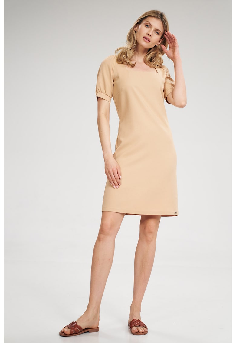 Rochie mini decolteu patrat - maneci scurte - bej - poliester
