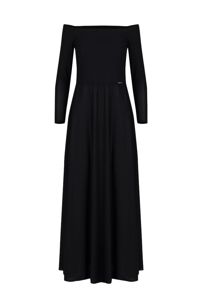 Rochie maxi model M707 - neagra - cu umeri goi si maneci lungi - poliester