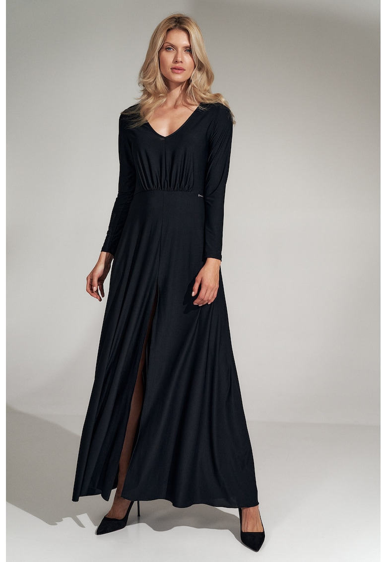 Rochie maxi  neagra - eleganta - cu fanta - din poliester si elastan