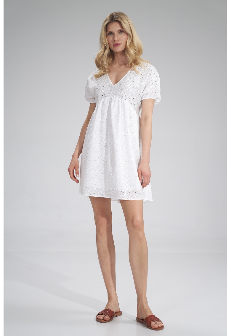 Rochie mini - decolteu in V - bumbac - Alb