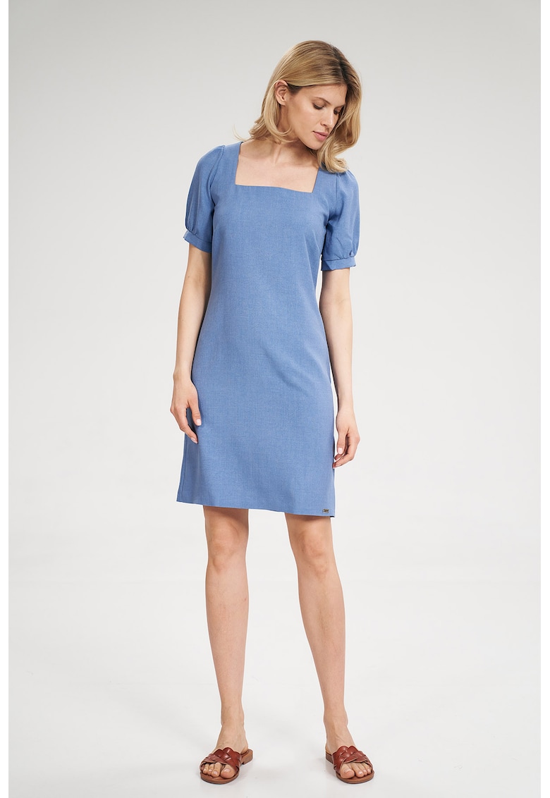 Rochie mini - albastra - decolteu patrat - maneci scurte - poliester