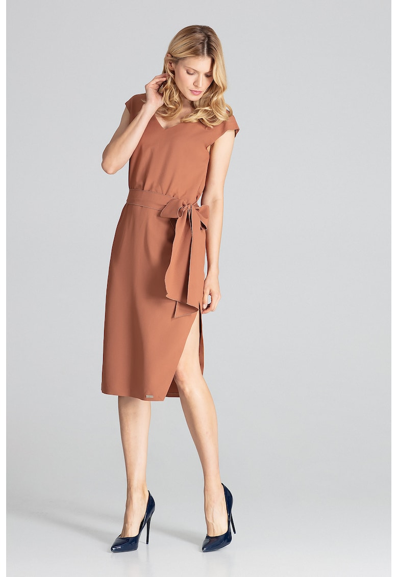Rochie midi M674 - eleganta - maneci scurte - maro - poliester 100% -