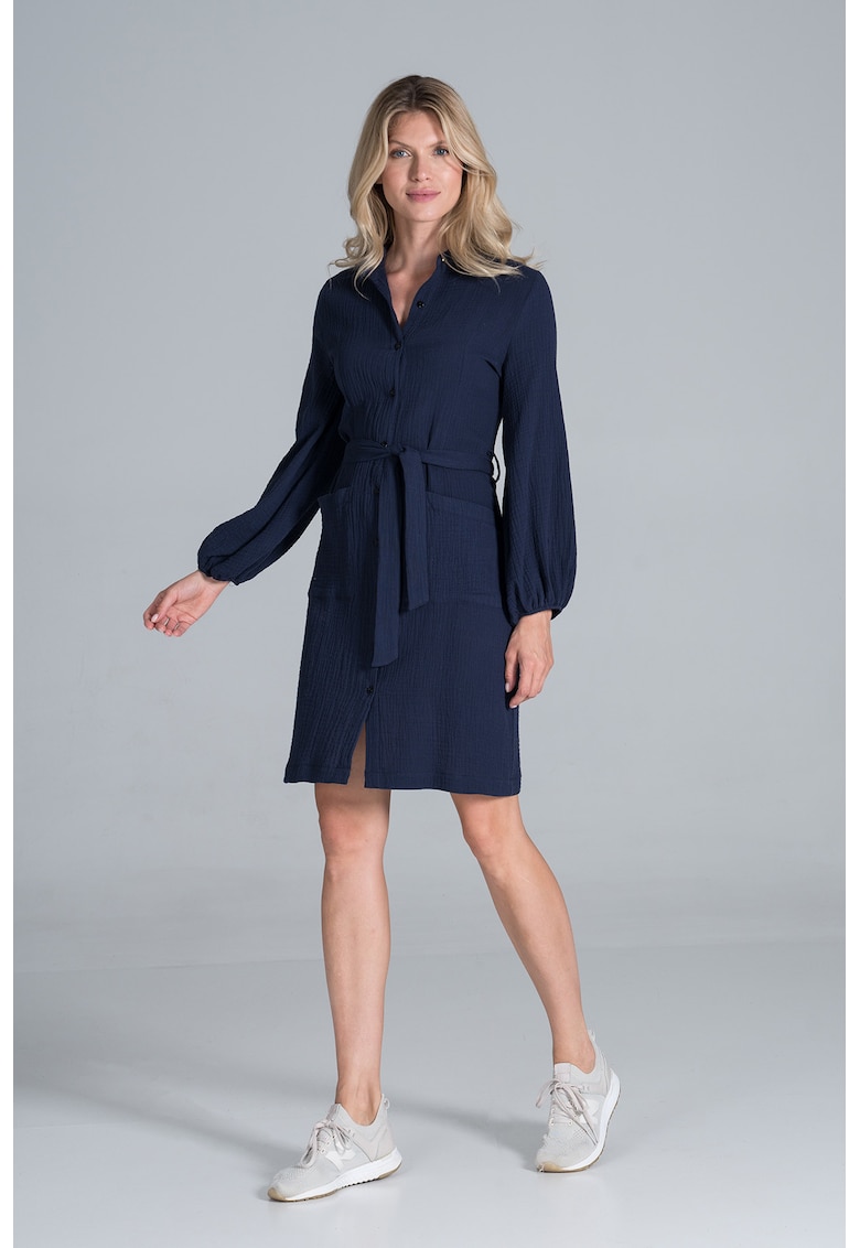 Rochie - maneca lunga - bleumarin - bumbac