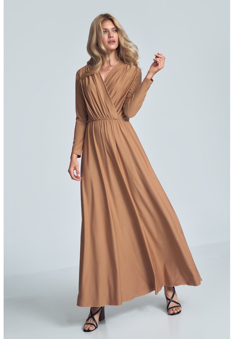 Rochie maxi bej - maneci lungi - decolteu plic - poliester