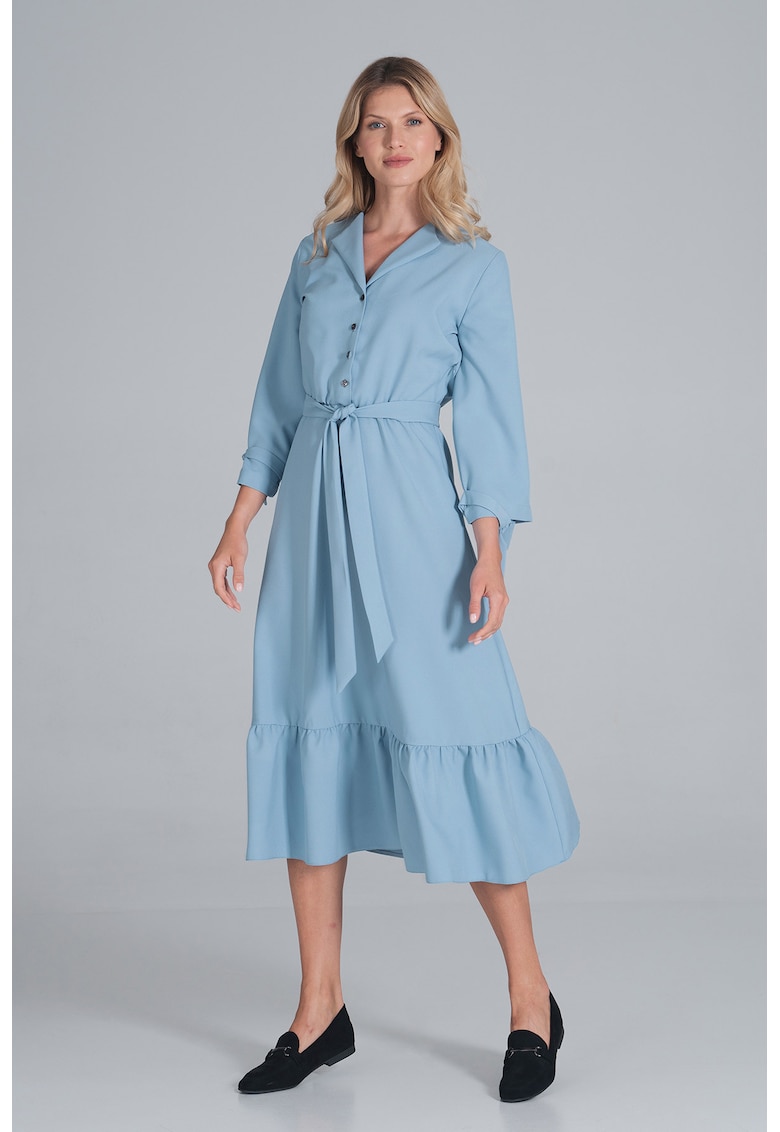 Rochie camasa albastru deschis - cu centura - poliester -