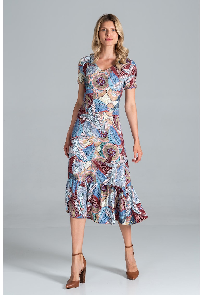 Rochie midi model cu maneci scurte - vara - multicolor - poliester