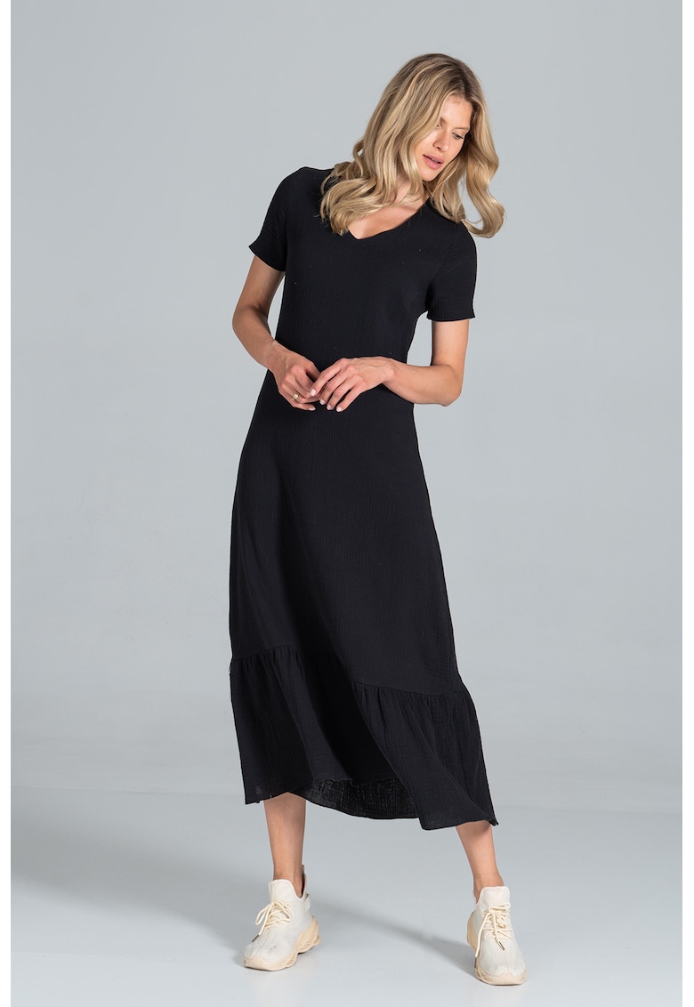 Rochie midi - neagra - cu maneci scurte - bumbac