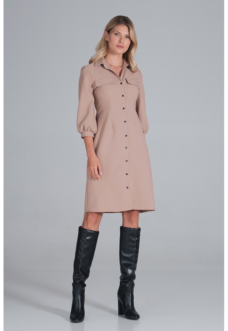 Rochie - camasa - maneci bufante - bej - poliester