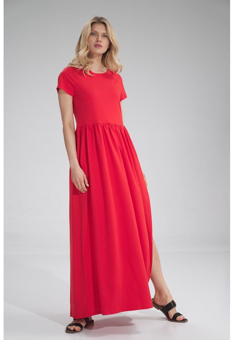 Rochie lunga  rosie - bumbac - cu fanta