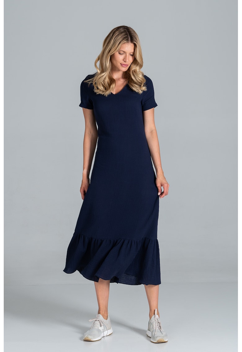 Rochie midi volane - maneci scurte - bleumarin - bumbac