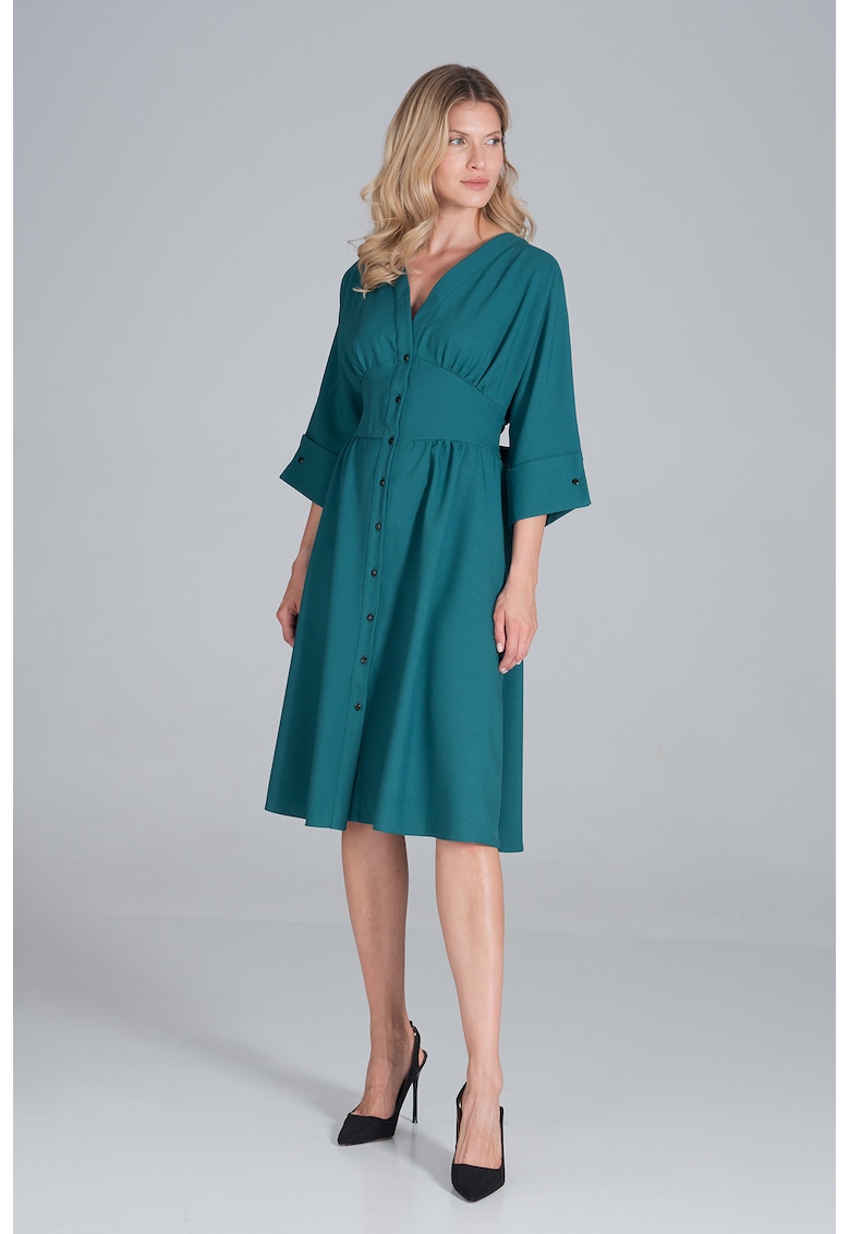 Rochie midi verde - cu nasturi - maneci 3/4 - poliester - Rochie midi verde - cu nasturi - maneci 3/4 - poliester -