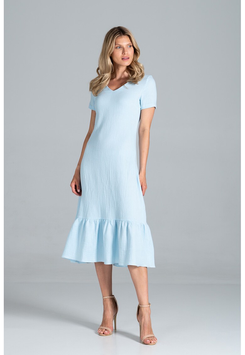 Rochie midi albastru deschis - volane - maneci scurte - bumbac