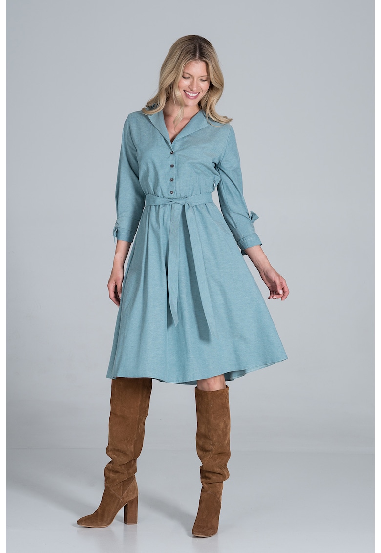 Rochie camasa midi cu centura verde - bumbac 100% Rochie camasa midi cu centura verde - bumbac 100%