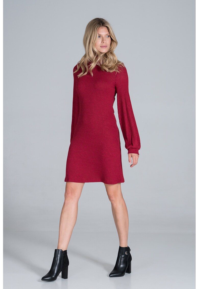 Rochie rosie - cu maneci lungi bufante - poliester