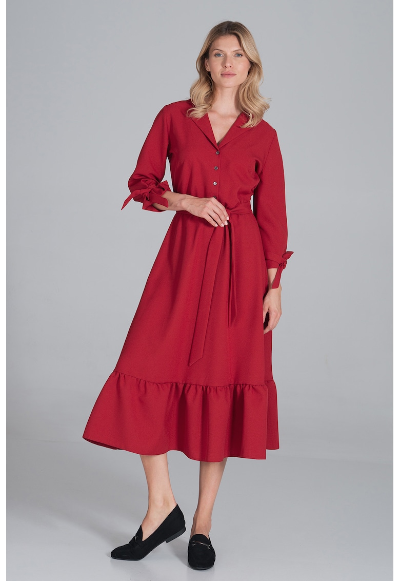 Rochie midi  rosie - poliester - cu curea - volane -