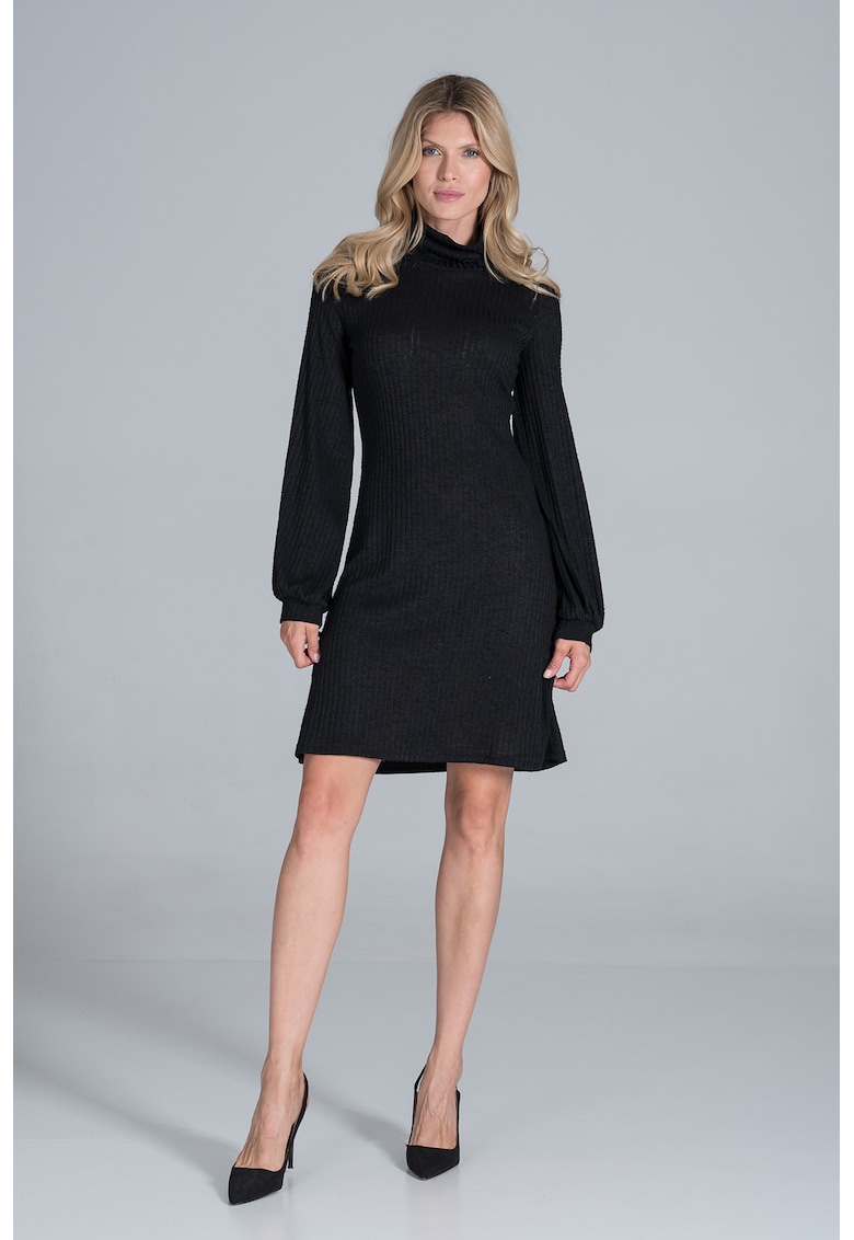 Rochie neagra M831 - eleganta - cu maneci lungi bufante - 65% poliester - 30% viscoza