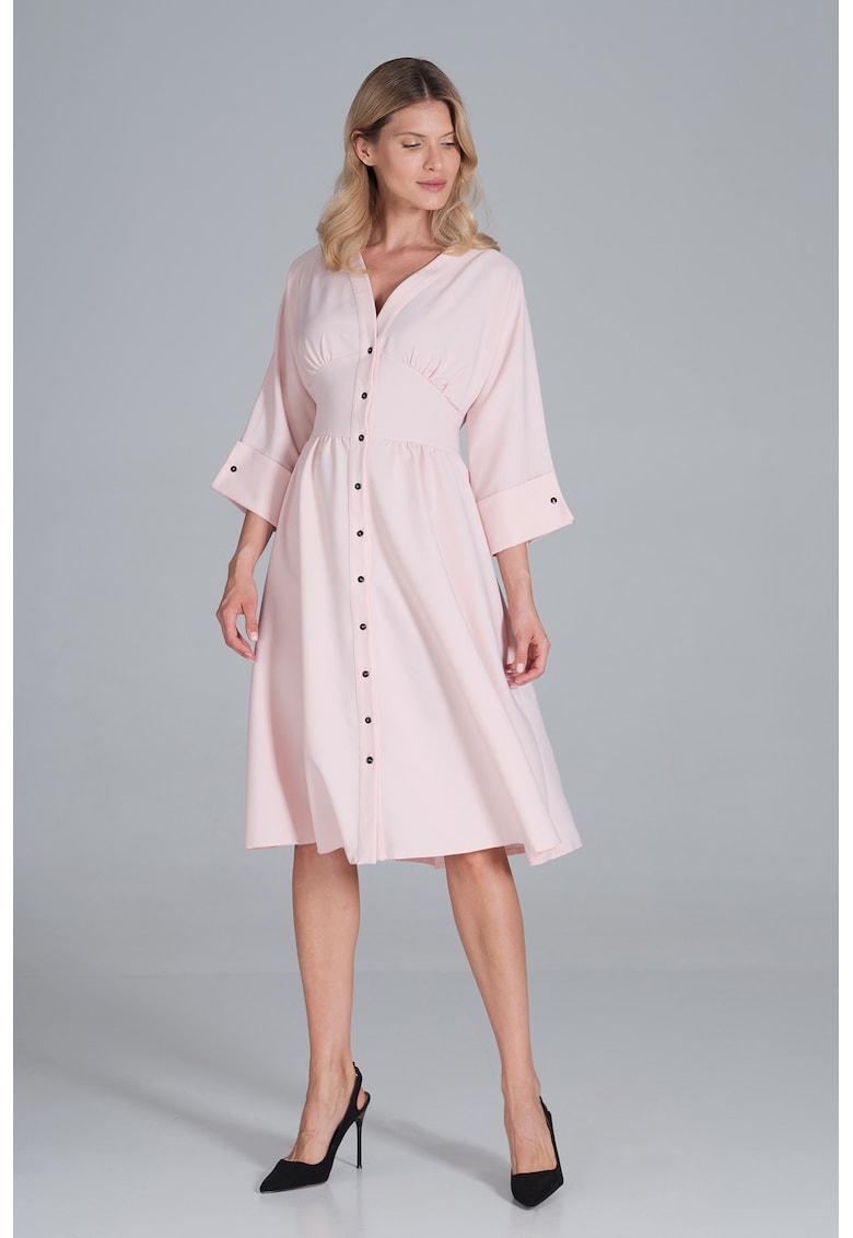 Rochie midi - roz - maneci 3/4 - pentru purtarea zilnica - poliester