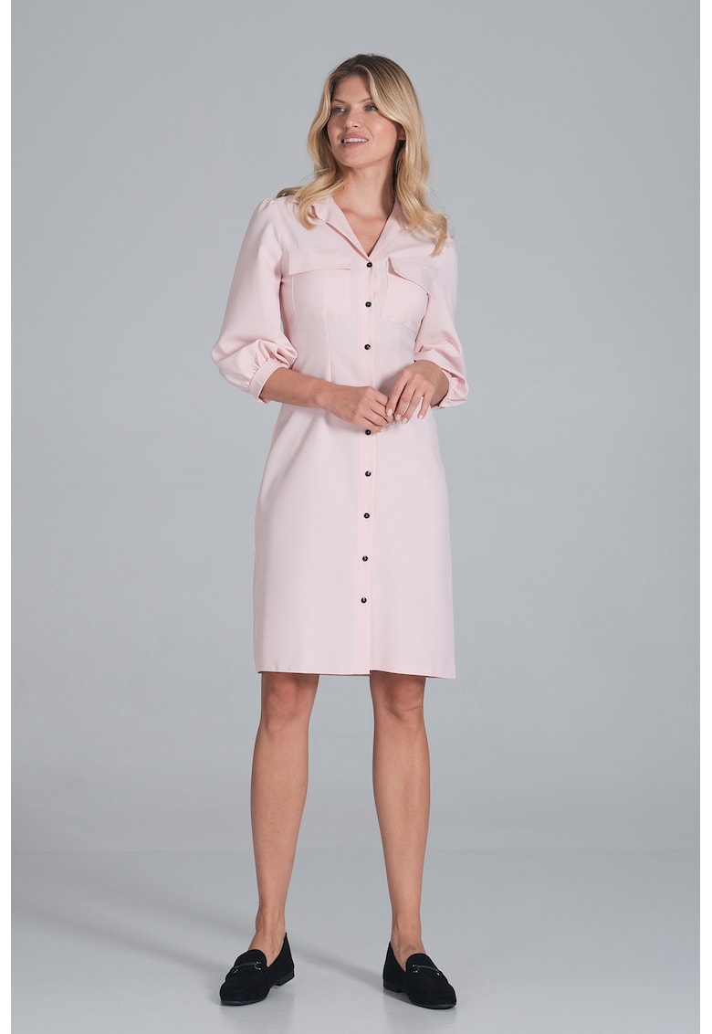 Rochie - camasa - maneci bufante - roz - casual - poliester