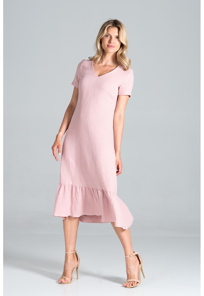 Rochie midi - volane - roz - muselina - bumbac