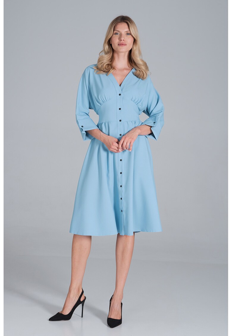Rochie midi albastra - cu maneci 3/4 - cu nasturi - din poliester