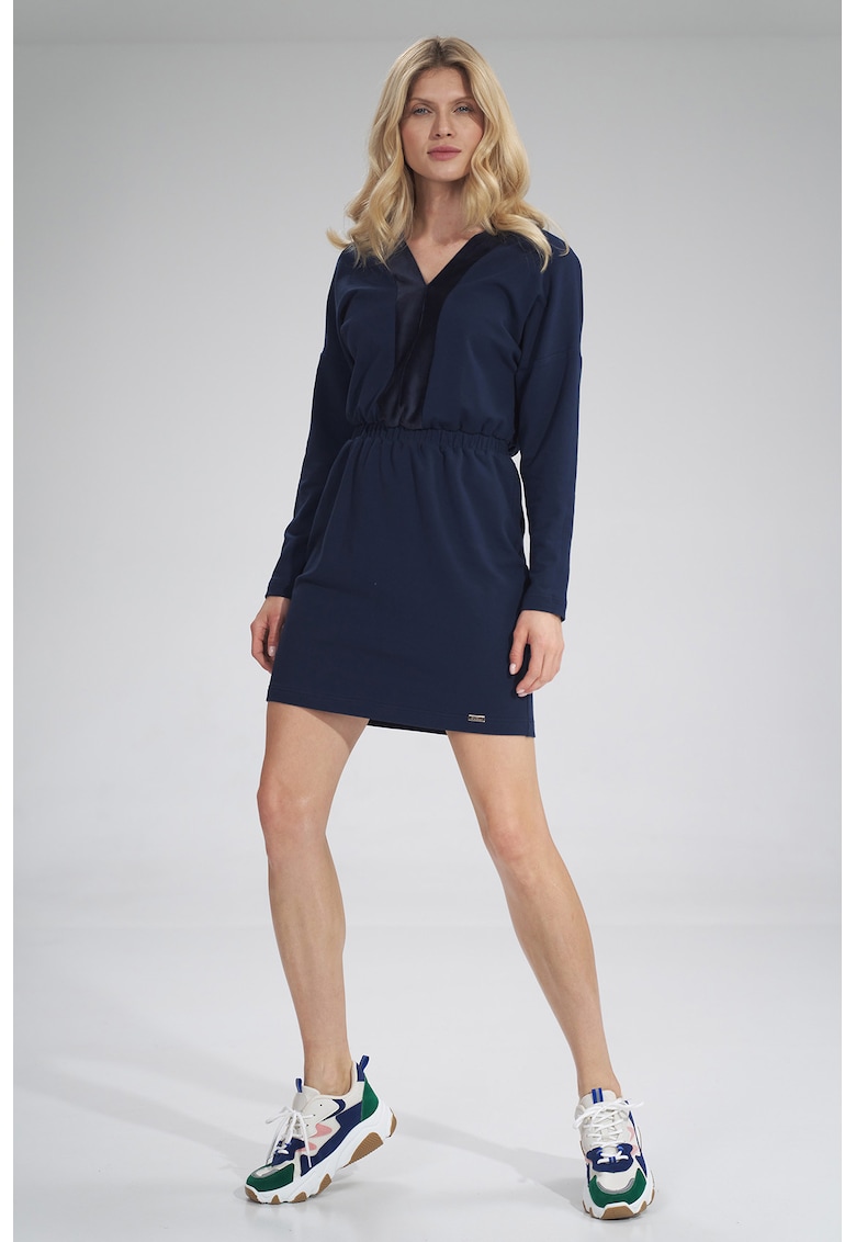 Rochie M753 - bleumarin - bumbac - maneca lunga -
