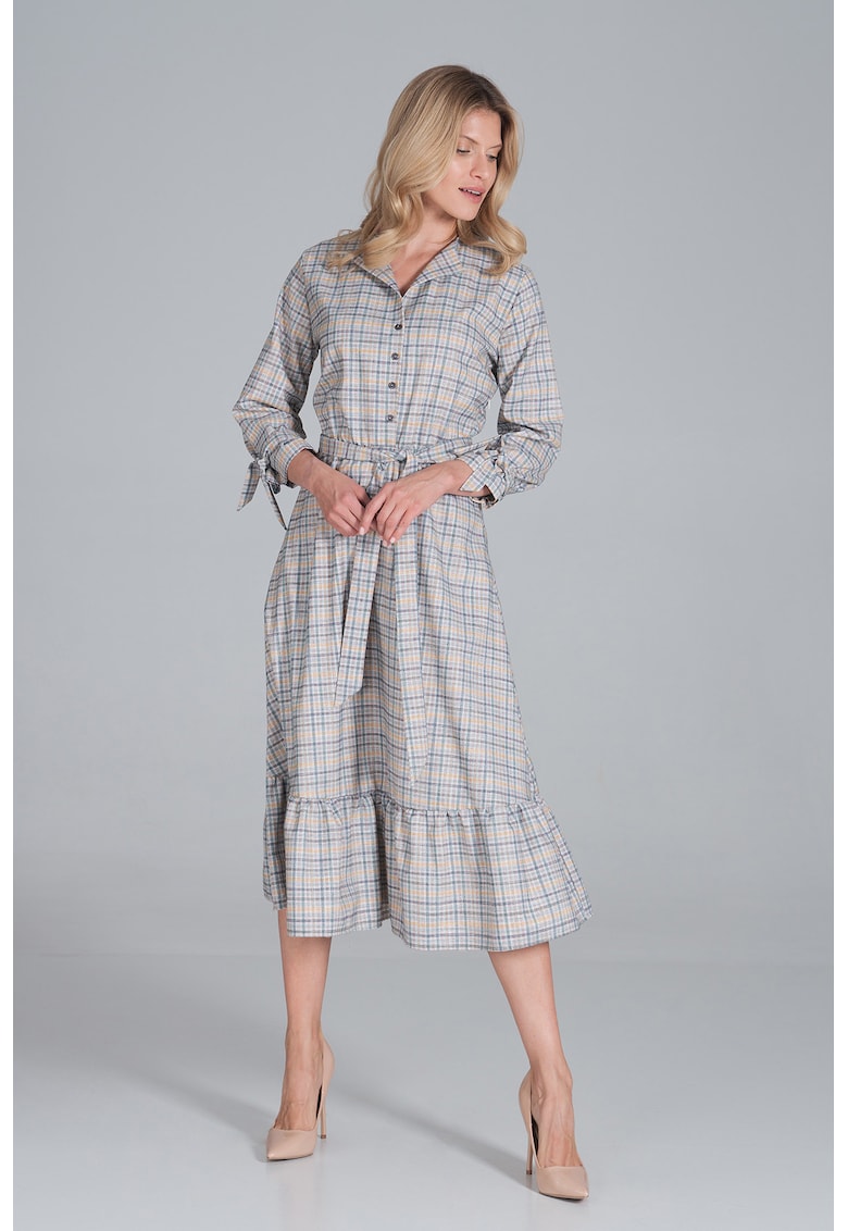 Rochie camasa M840 Tipar 121 - cu curea - croi evazat - bej - poliester 100%