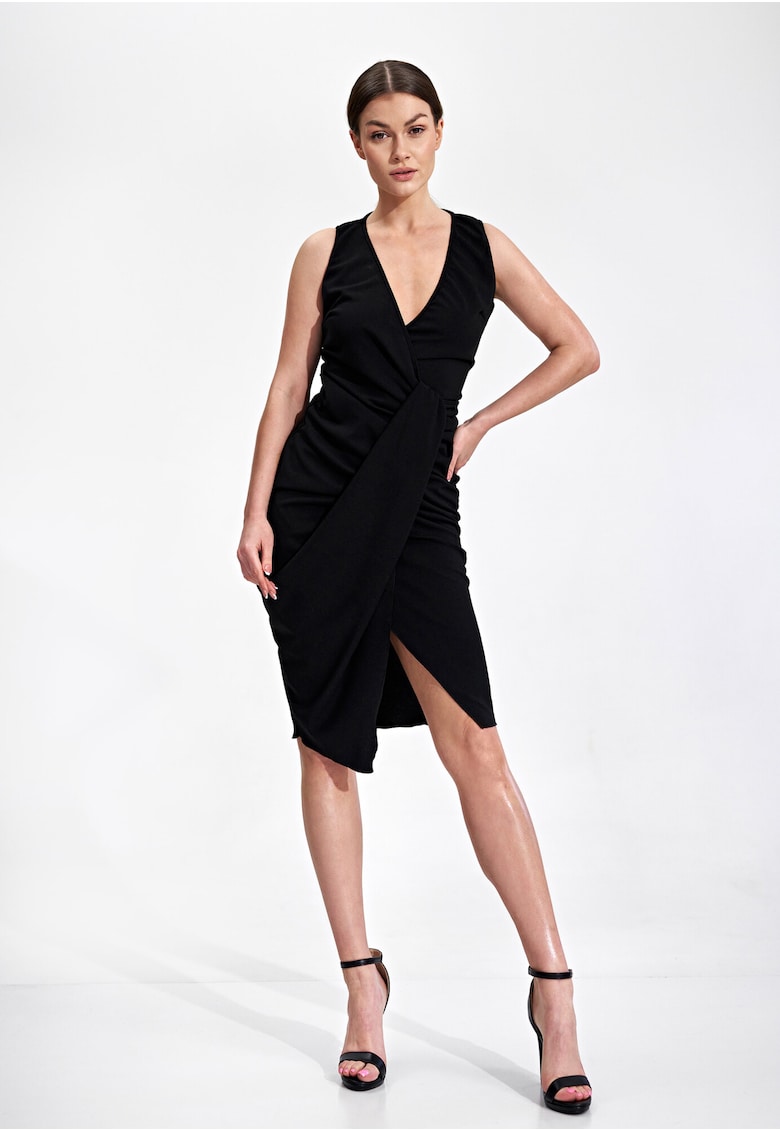 Rochie de seara asimetrica M858 - cu volane - neagra - poliester-elastan