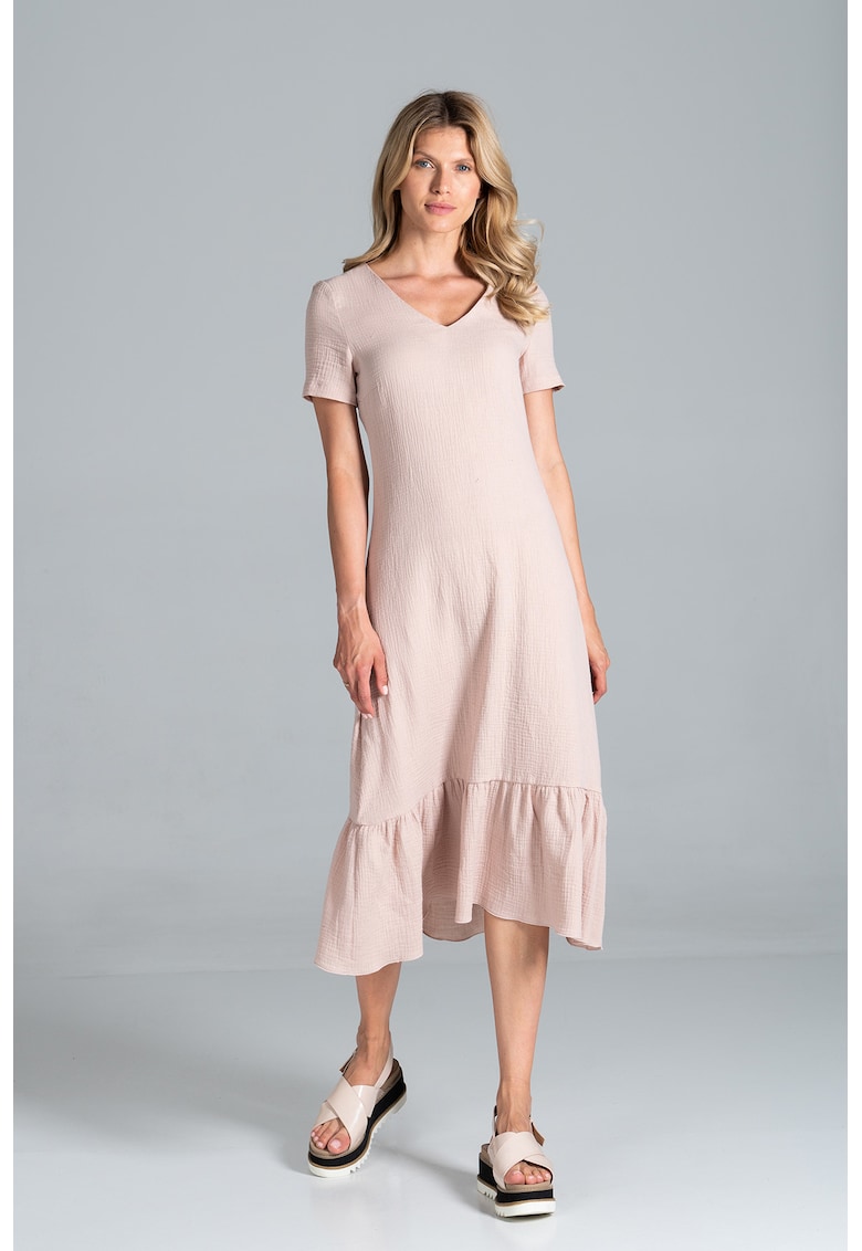 Rochie midi  bej din bumbac cu volane si maneci scurte