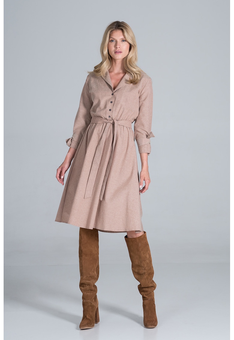 Rochie camasa midi bej - cu centura - viscoza