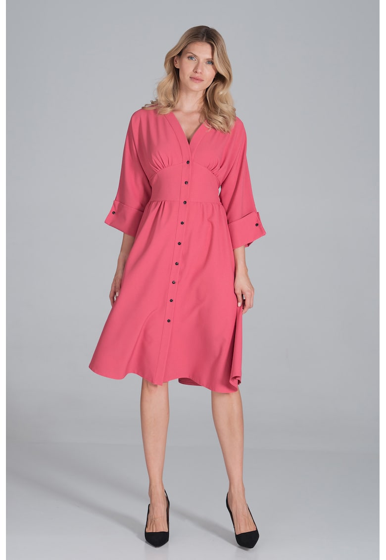 Rochie midi M843 - roz - cu nasturi - maneci 3/4 - poliester -