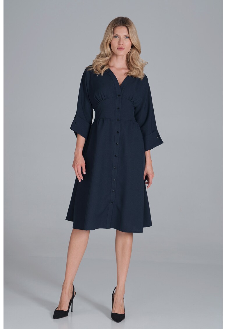 Rochie midi bleumarin cu nasturi - maneci 3/4 - poliester -