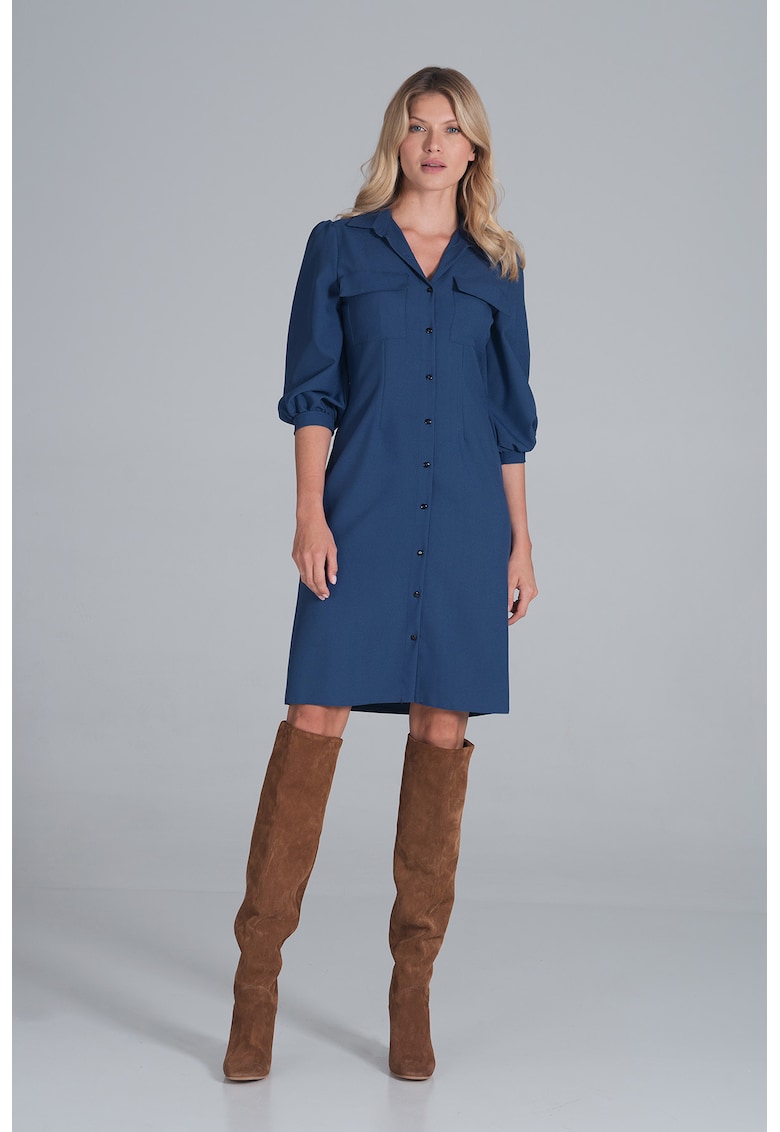 Rochie camasa M849 - maneci bufante - albastru - poliester 100% -