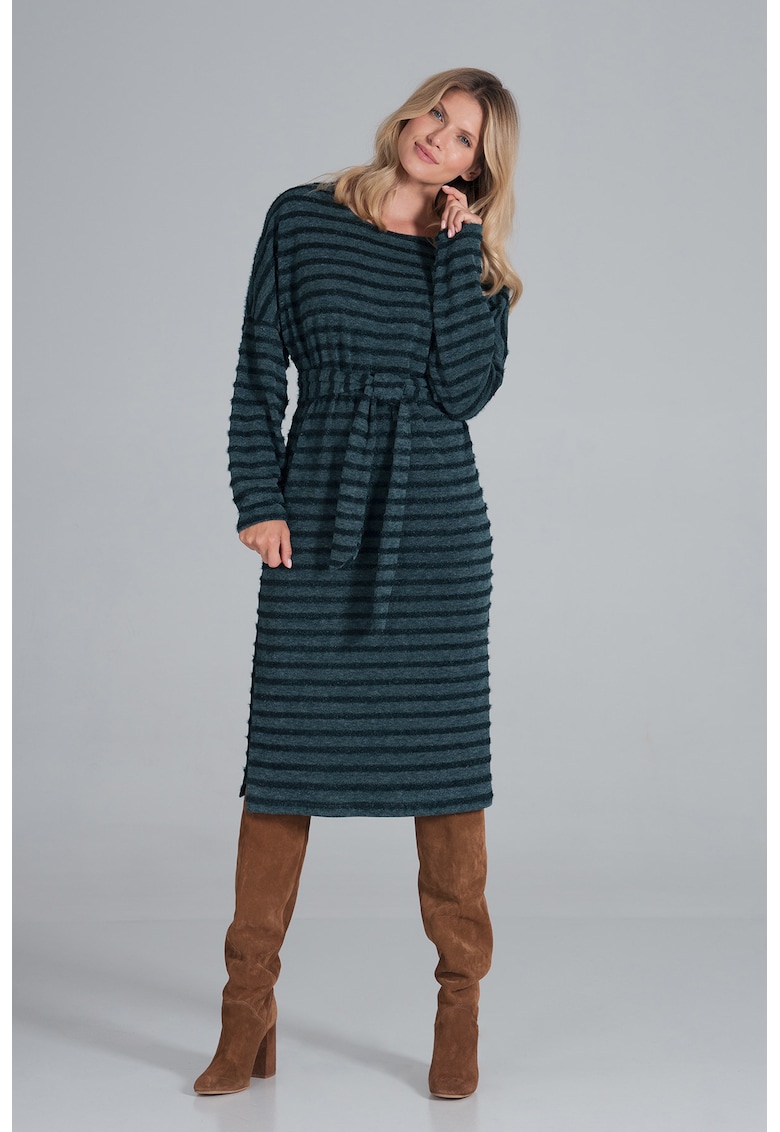 Rochie midi verde cu dungi - tricotata - maneci lungi - poliester - Rochie midi verde cu dungi - tricotata - maneci lungi - poliester -