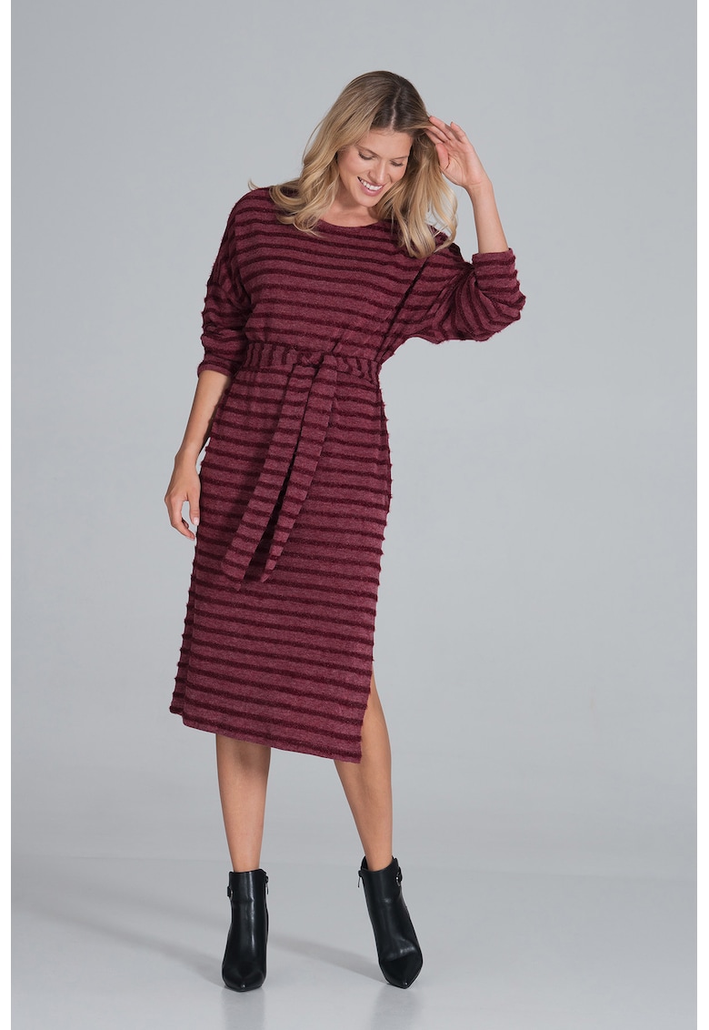 Rochie midi cu dungi - maneci lungi - visiniu - poliester -