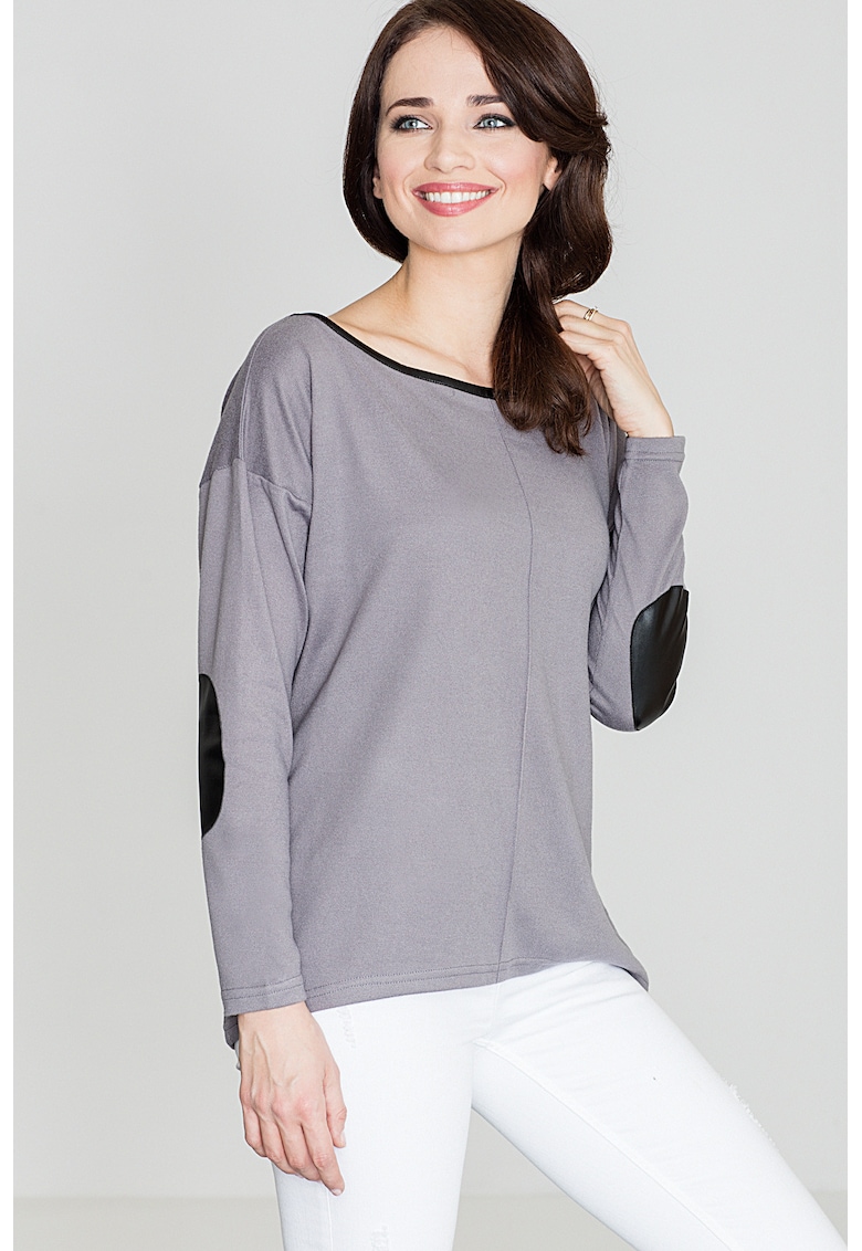 Pulover dama  K118 - gri - poliester - elastan - acril - decolteu semicircular - maneci lungi cu petice decorative Pulover dama  K118 - gri - poliester - elastan - acril - decolteu semicircular - maneci lungi cu petice decorative