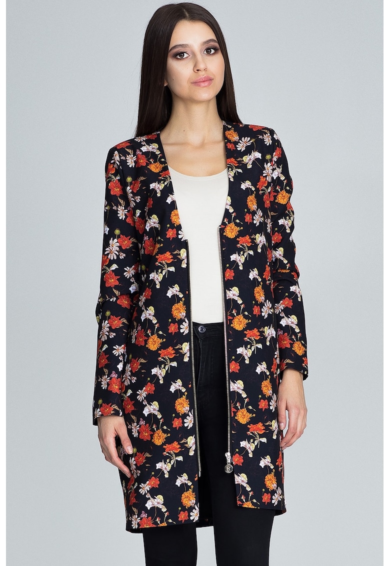Jacheta lunga florala - neagra - poliester 100% -