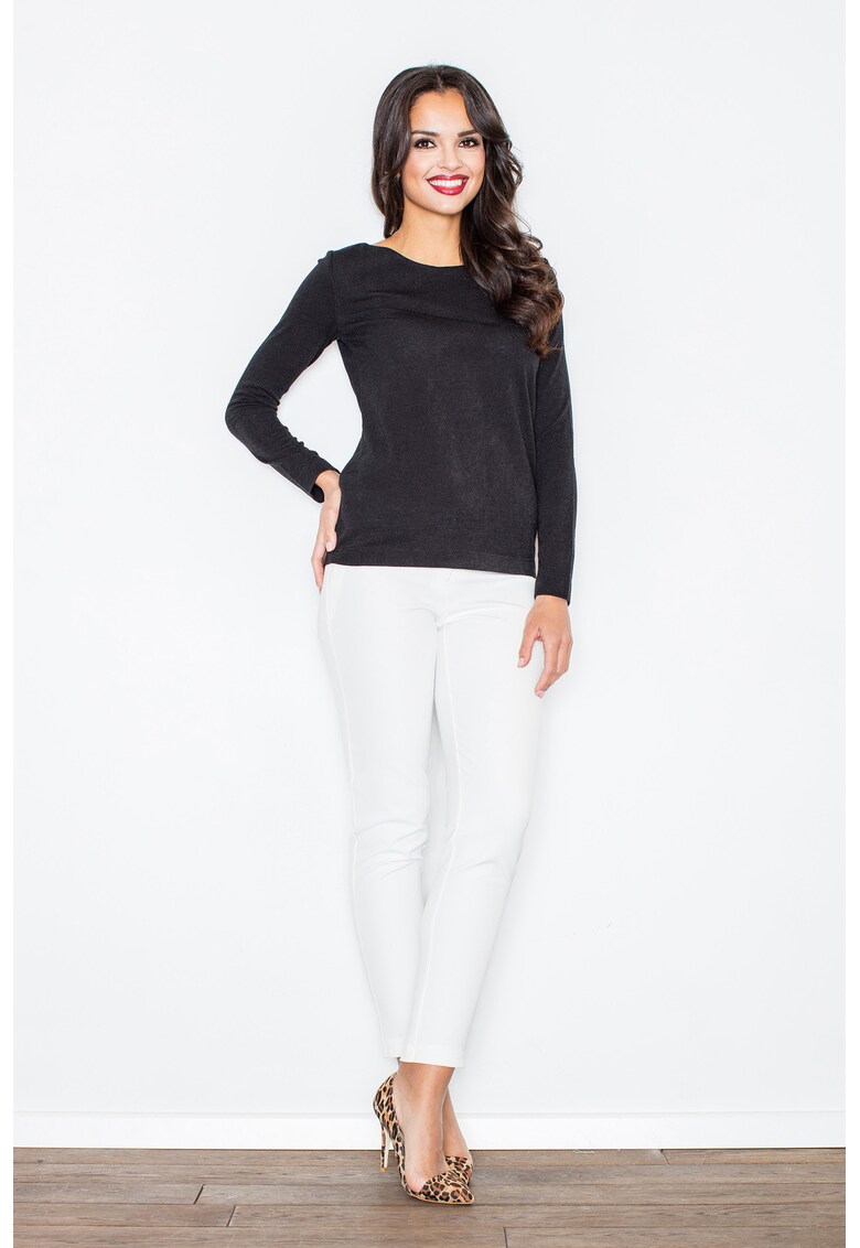 Pulover dama cu gat barca - cravata la spate - negru - material tricotat