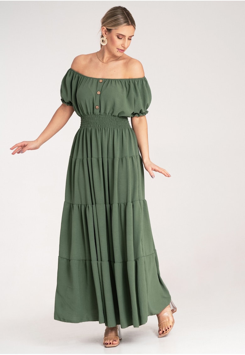 Rochie lunga de vara - verde - cu volane - poliester -