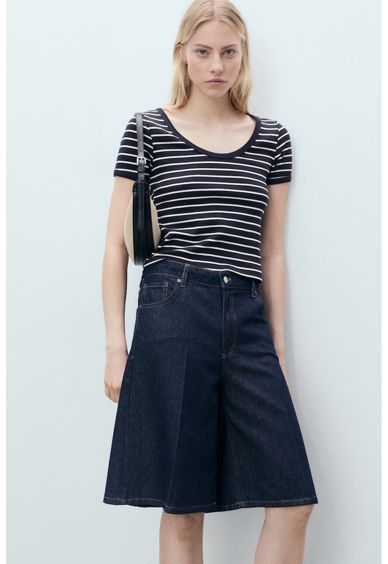 Tricou de bumbac cu dungi - Alb/Bleumarin