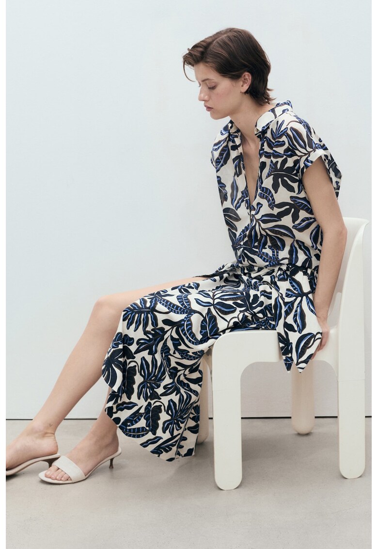 Fusta lunga din amestec de in - Alb fildes/Maro/Albastru ultramarin