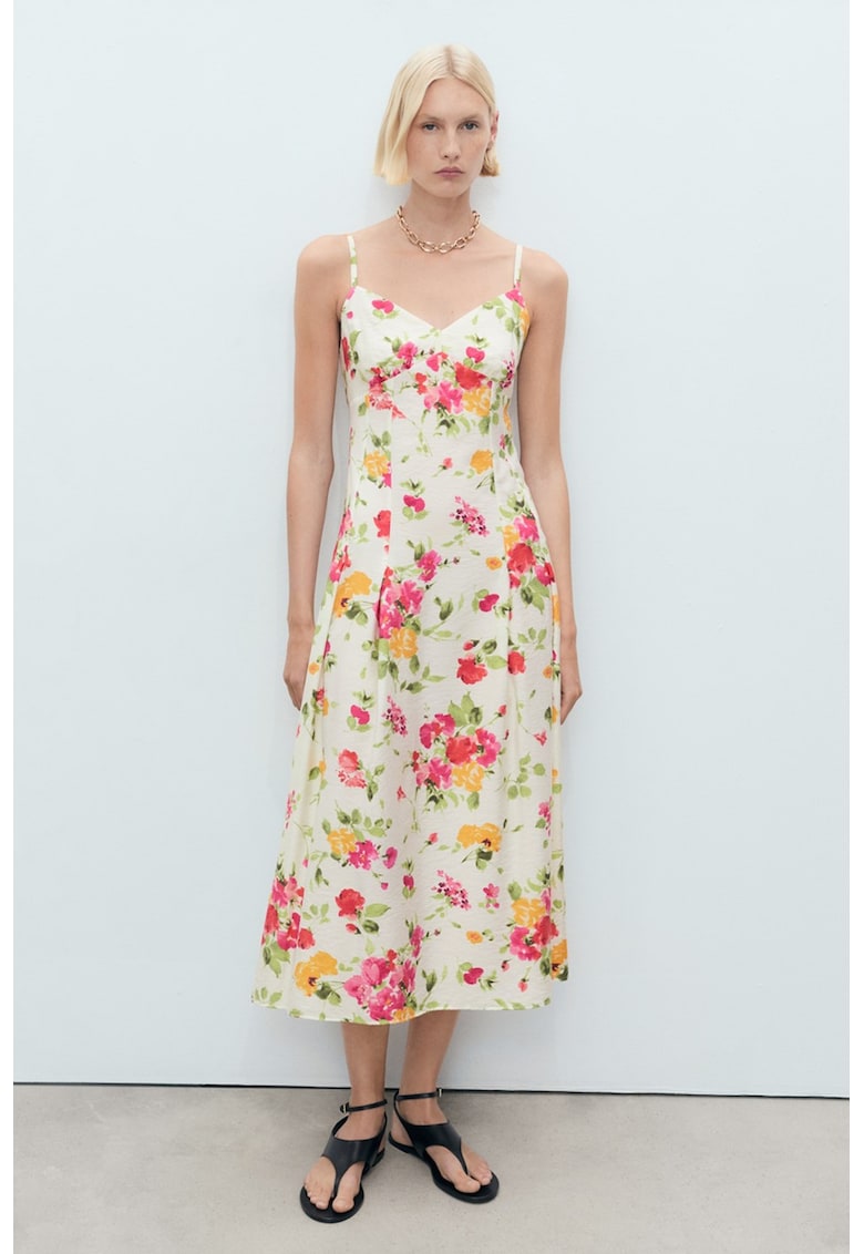 Rochie midi cu imprimeu floral - Alb/Fucsia/Verde aquamarin