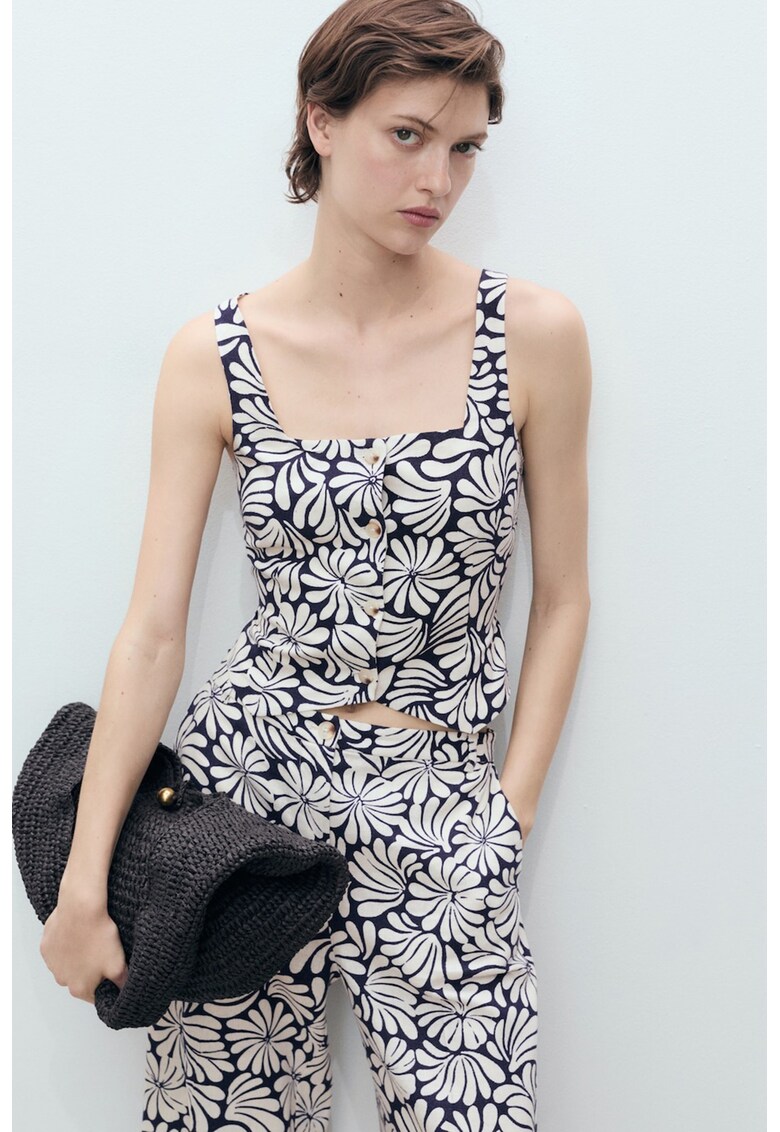 Top cambrat din amestec de in cu model floral - Negru/Crem