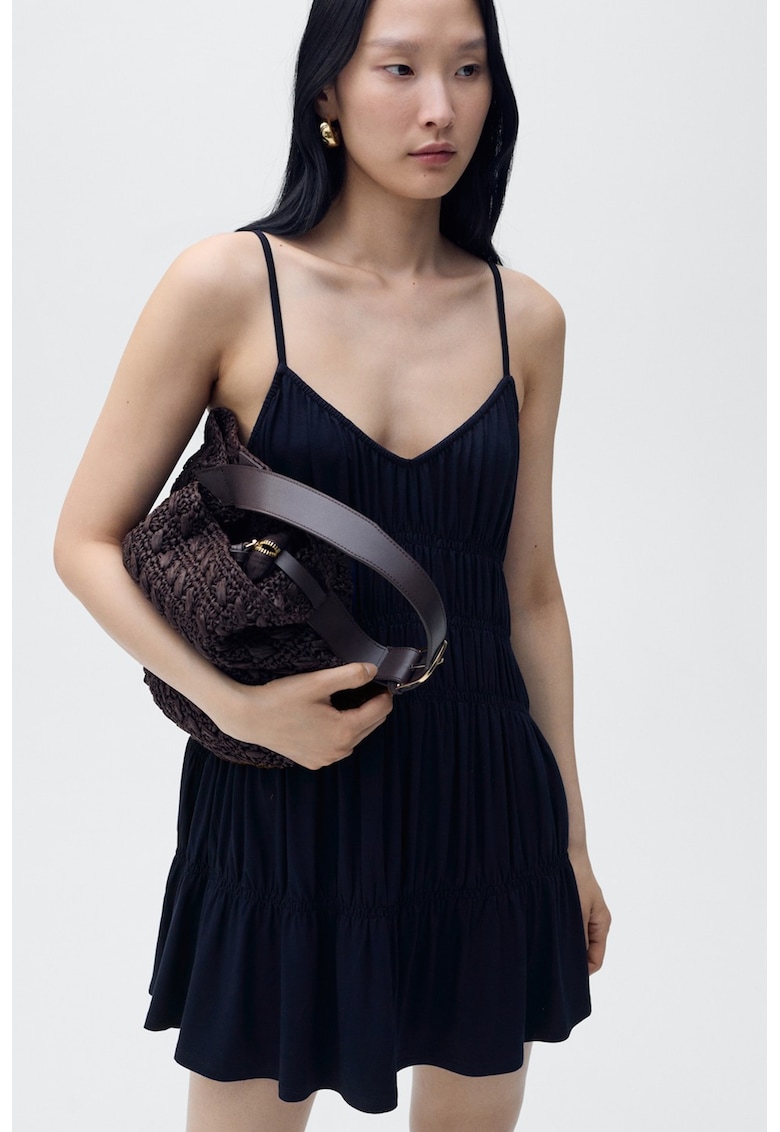 Rochie scurta cu croiala dreapta si segmente cu fronseuri - Bleumarin