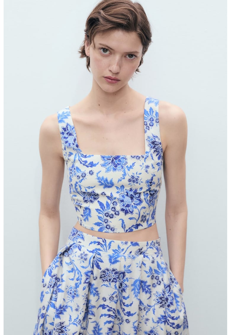 Top crop cu imprimeu floral - Albastru royal/Bej deschis