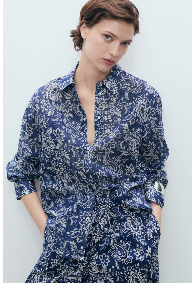 Camasa din bumbac cu imprimeu - Albastru prafuit/Crem