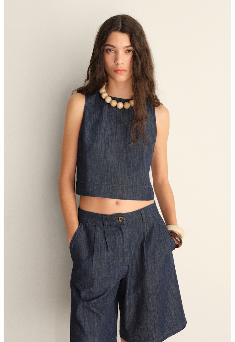 Top crop din denim cu decolteu la baza gatului - Bleumarin